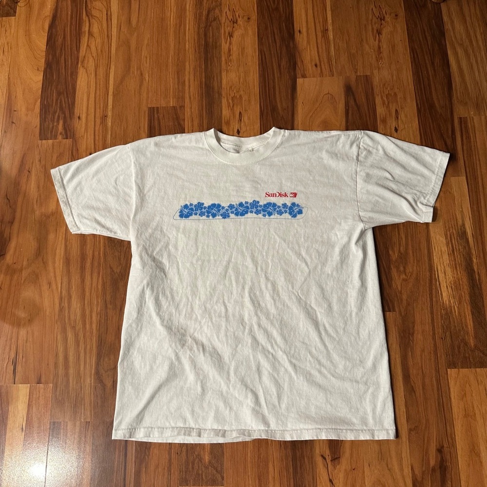 Vintage SanDisk Summer Promo T-Shirt XL White Anvil Tech surf Graphic Tee
